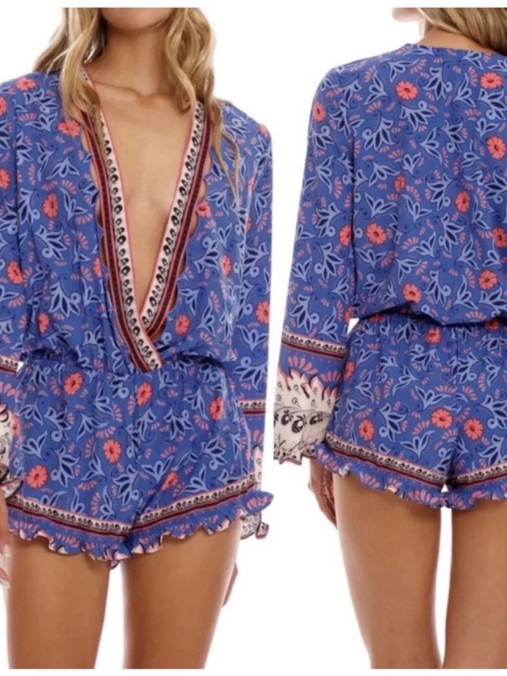 Agua Bendita Cornflower Blue Floral Romper with Pink Flowers, NWT, Small
